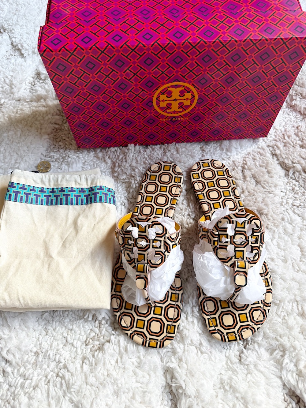 Tory burch miller printed patent pink yellow thong sandals slides 8